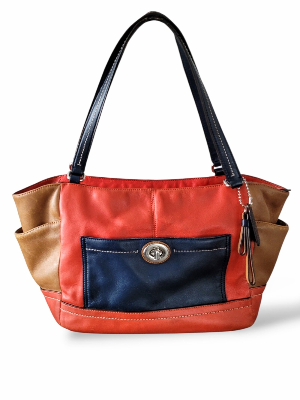 Coach Park Carrie Colorblock Tote F24065 Burnt Orange Navy Leather Bag